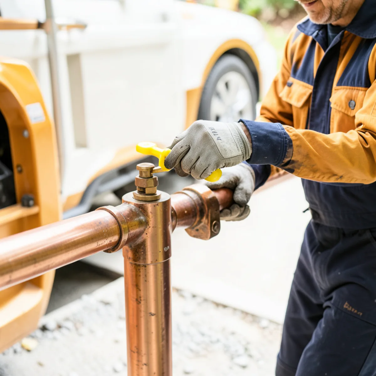 Hand closing yellow lever handle on water main valve