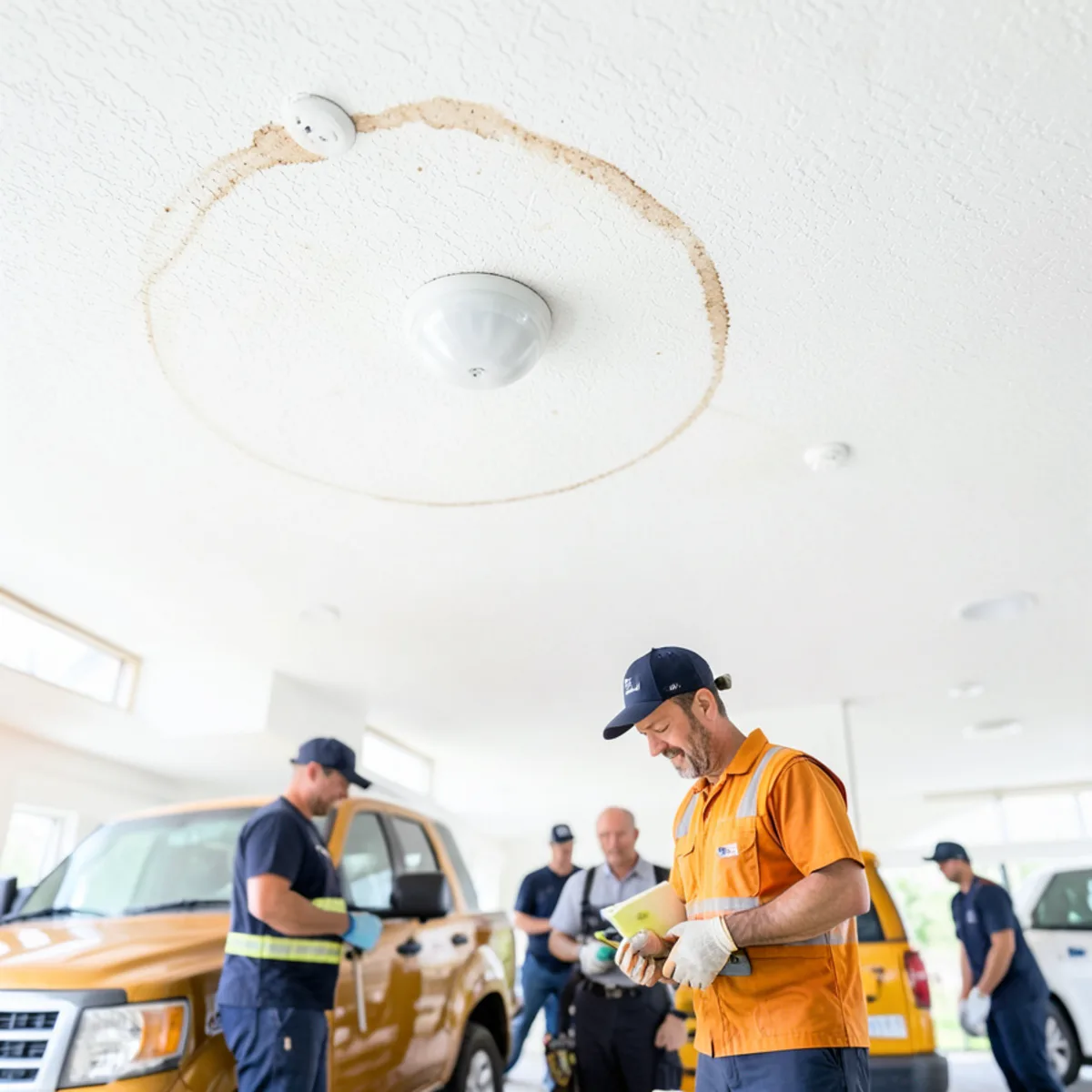 Circular brown water stain on painted plaster ceiling around light fixture