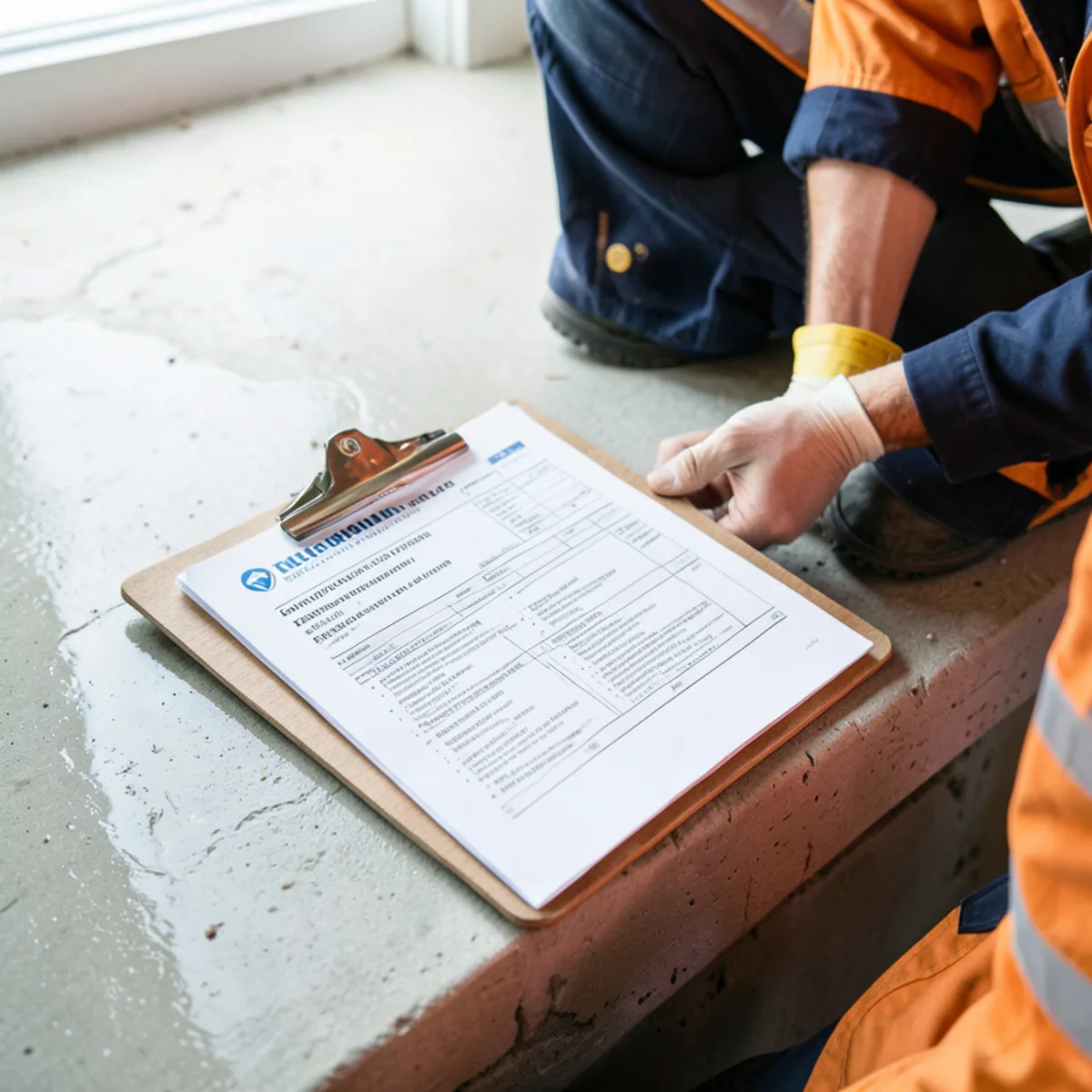 Insurance damage paperwork on clipboard resting on dry basement step