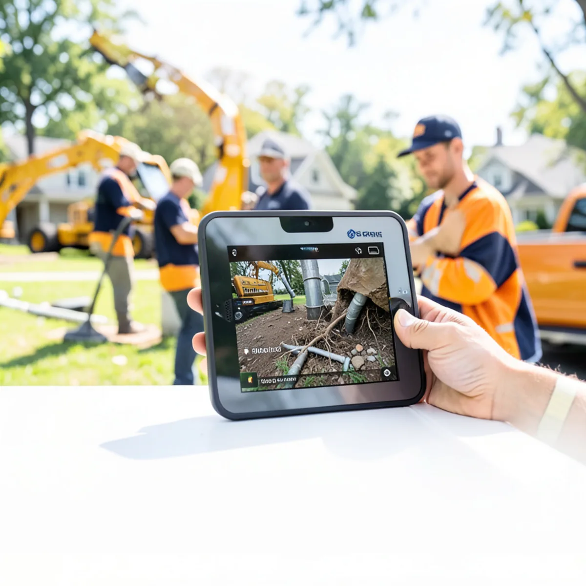 Digital inspection monitor showing root intrusion obstruction in sewer