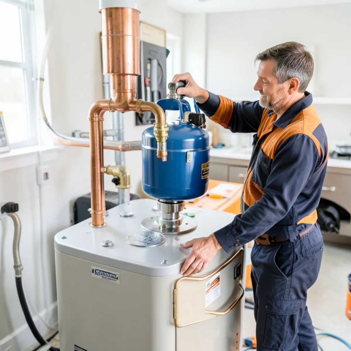 Thermal expansion tank connected with brass tee fitting above water heater