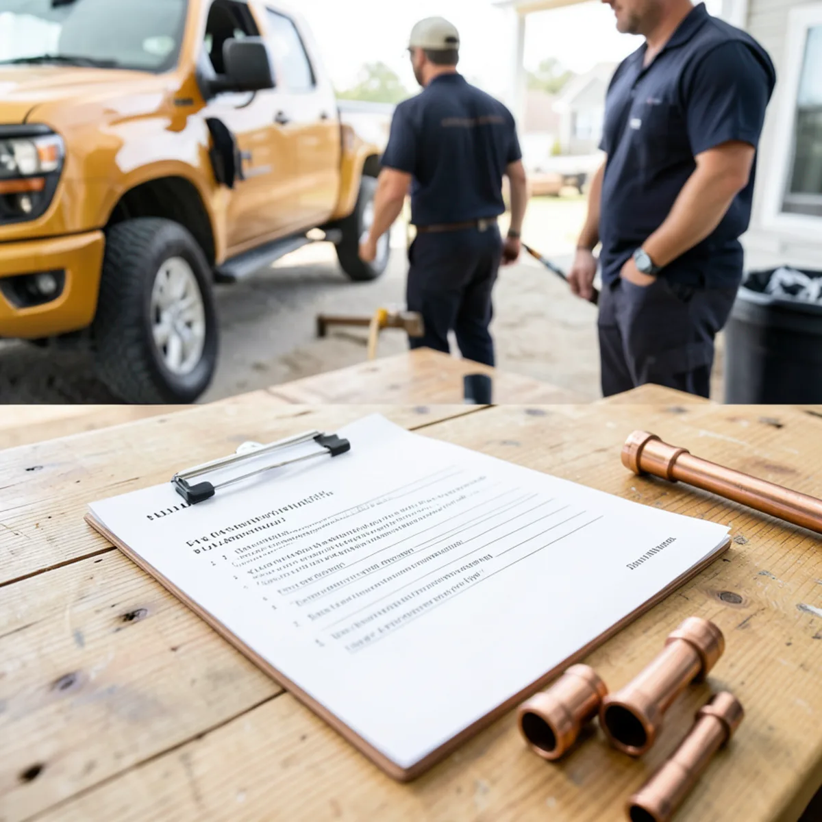 Contractor written line item plumbing quote on clipboard