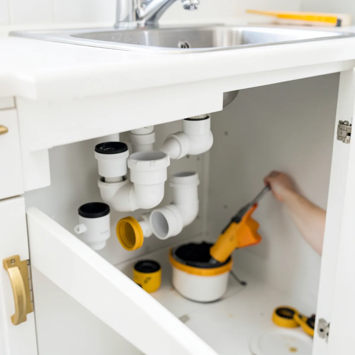 Cleaned PVC P-trap pipe beneath kitchen sink