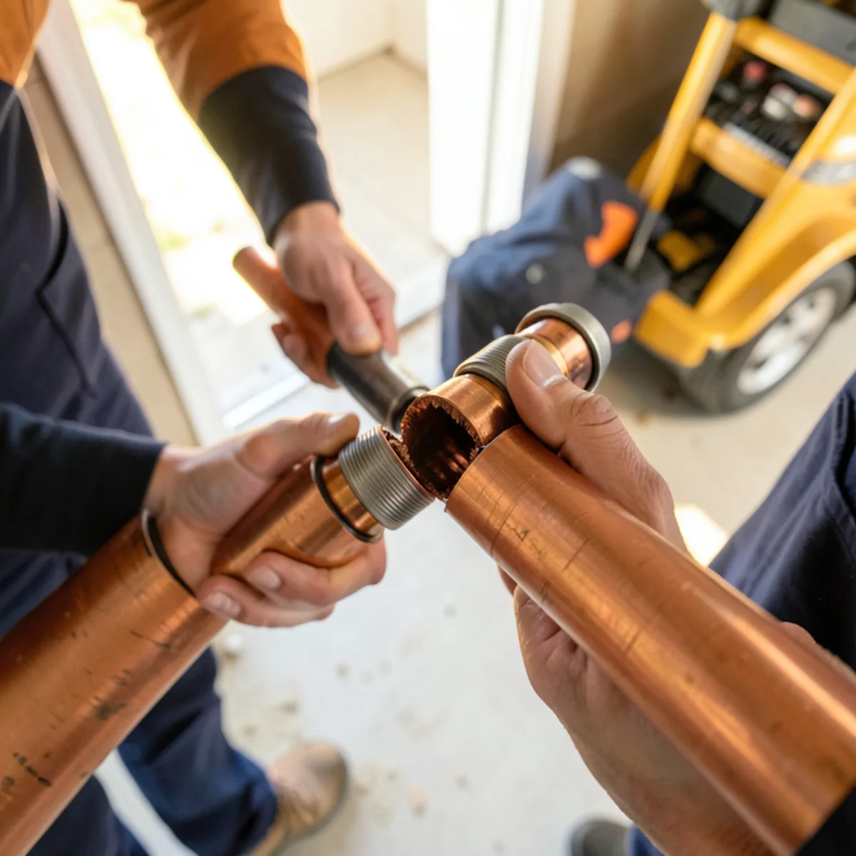 Repaired burst pipe section with copper couplings