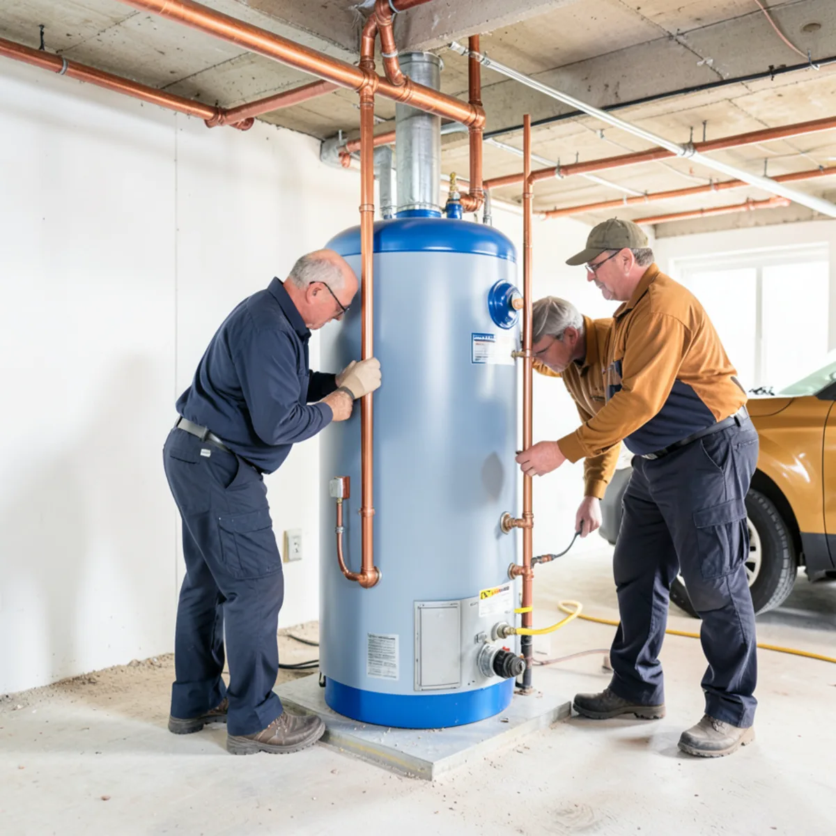 Installed gas water heater with expansion tank in Cromwell basement