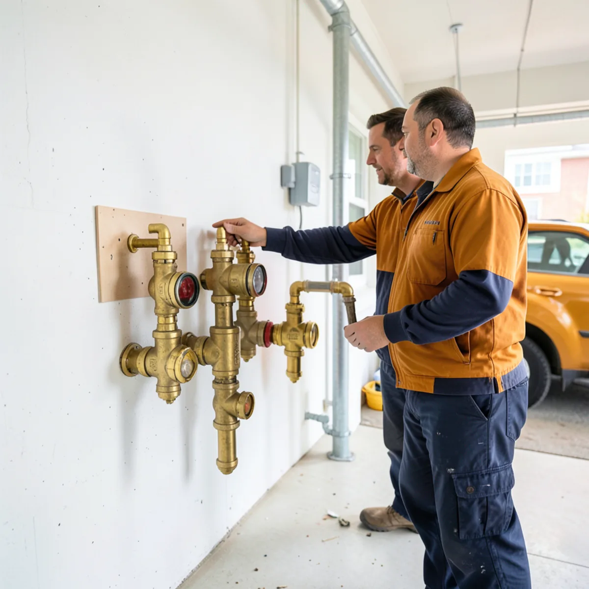 Bank of municipal water meters serving multi-family building