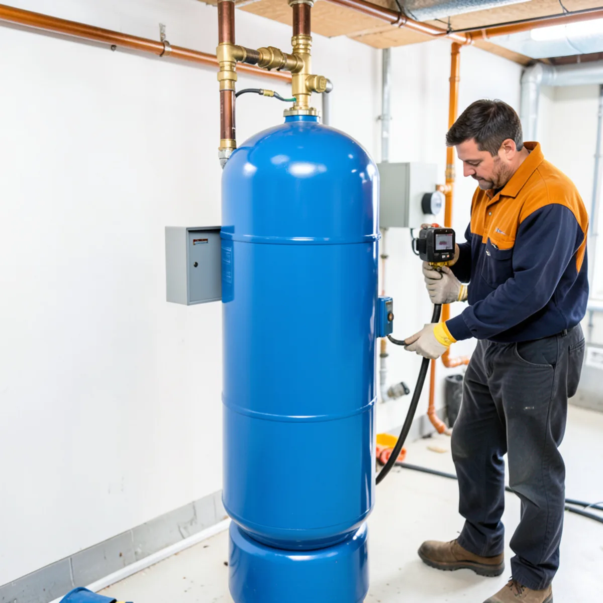 Blue well pressure tank with control switch in Portland basement