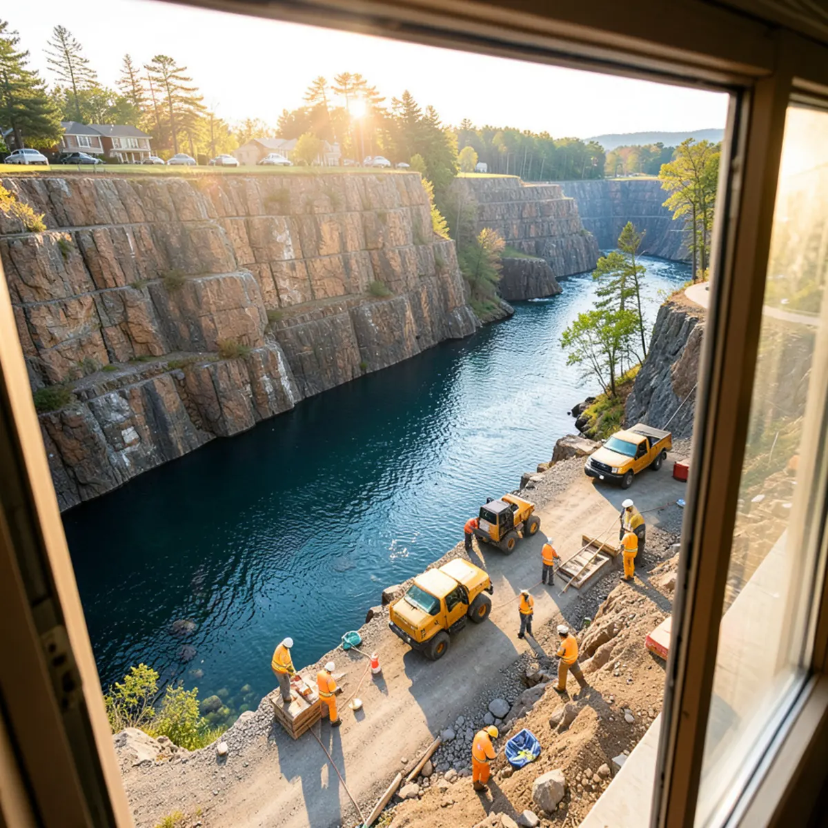 Scenic brownstone quarry cliffs and water in Portland CT
